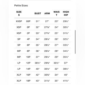 WBHM PETITE SIZE CHART